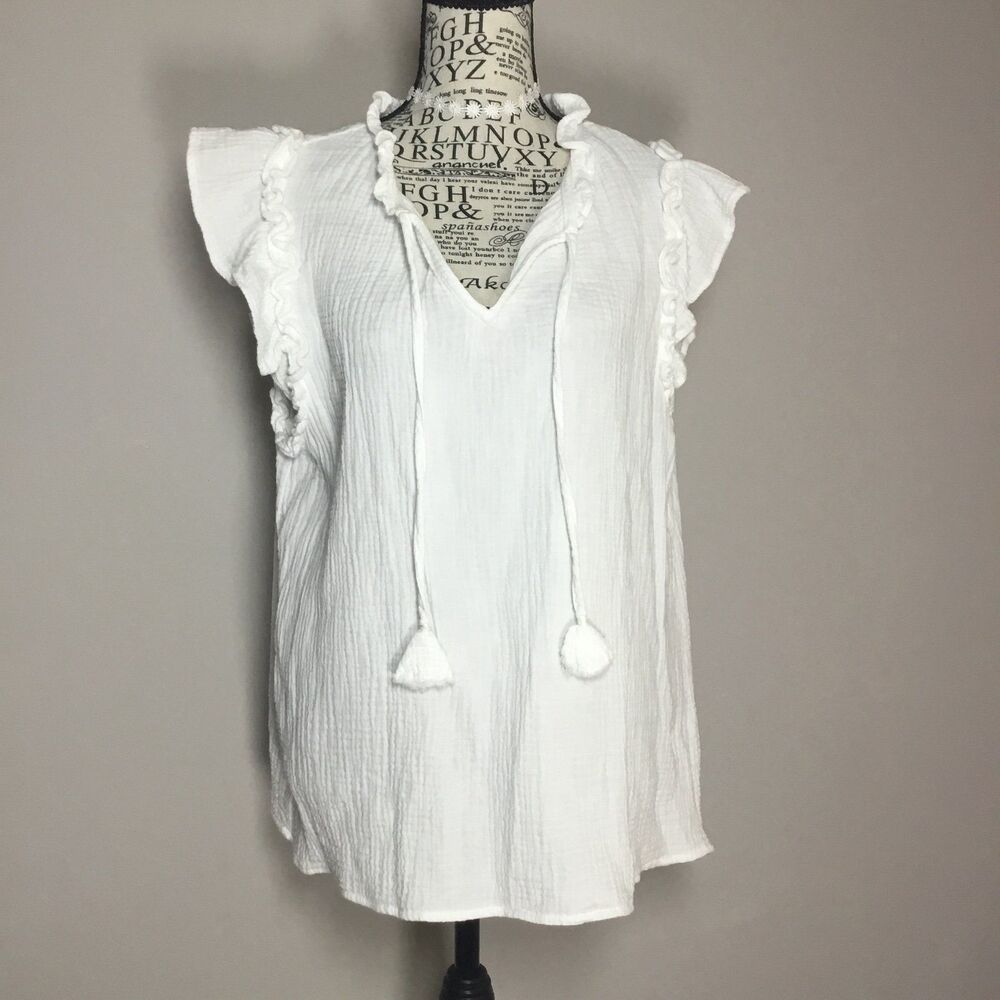 Chaps ruffle sleeve white top tassel waffle gauzy fabric fairycore feminine L